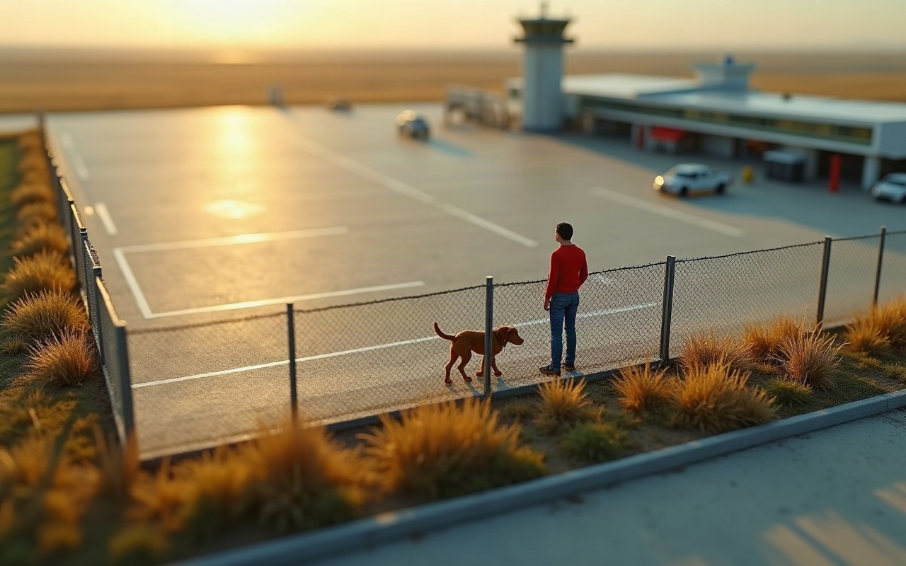Maquete isométrica de um aeroporto ao amanhecer: um cachorro marrom caminha sozinho do lado de dentro do alambrado, na área do pátio, enquanto um adulto de camisa vermelha, parado do lado de fora da cerca e sem guia na mão, olha para ele sem conseguir alcançá-lo; ao fundo, a torre de controle e o terminal