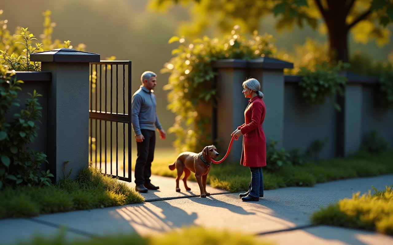Maquete de um portão de ferro aberto num muro ao fim da tarde: um homem grisalho parado junto ao portão e, na calçada, uma mulher de casaco vermelho segurando a guia vermelha de um cachorro marrom que acaba de sair