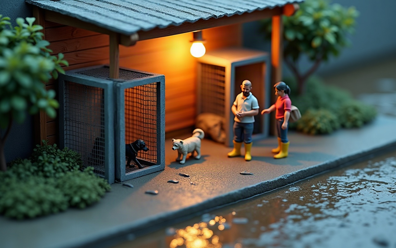 Maquete de um abrigo coberto montado durante uma enchente, com um homem adulto e uma mulher voluntária de botas de borracha parados diante de duas gaiolas de tela, um cachorro dentro de uma delas e outro solto ao lado, luz quente acesa no teto e água da enchente refletindo luz em primeiro plano