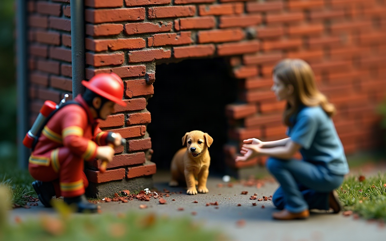 Bombeiro agachado com ferramenta ao lado de um buraco aberto num muro de tijolos, de onde sai um filhote de cachorro, enquanto uma tutora ajoelhada estende as mãos para ele