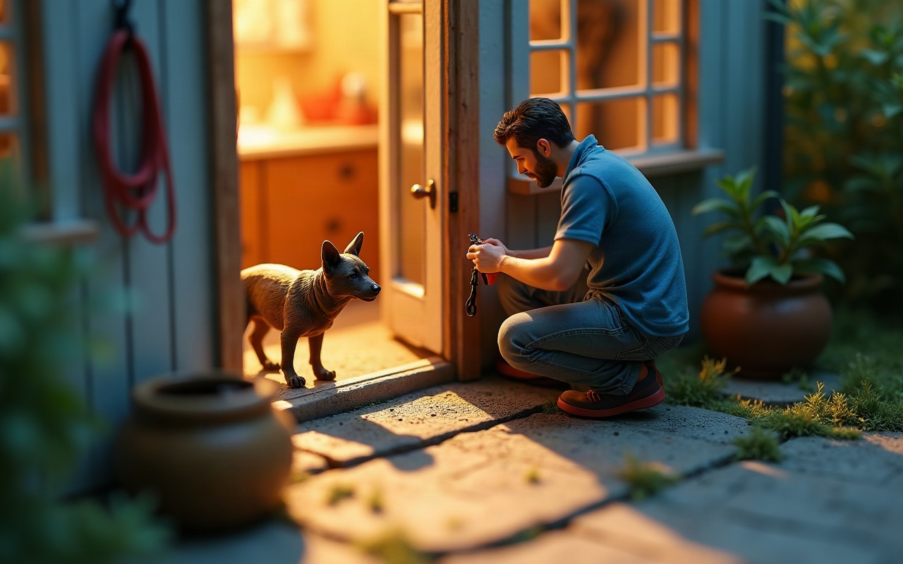 Maquete isométrica de um adulto agachado ajustando a guia perto de uma porta aberta, enquanto um cachorro recém-adotado observa cauteloso do lado de fora, com uma guia vermelha pendurada na parede e vasos de planta ao redor