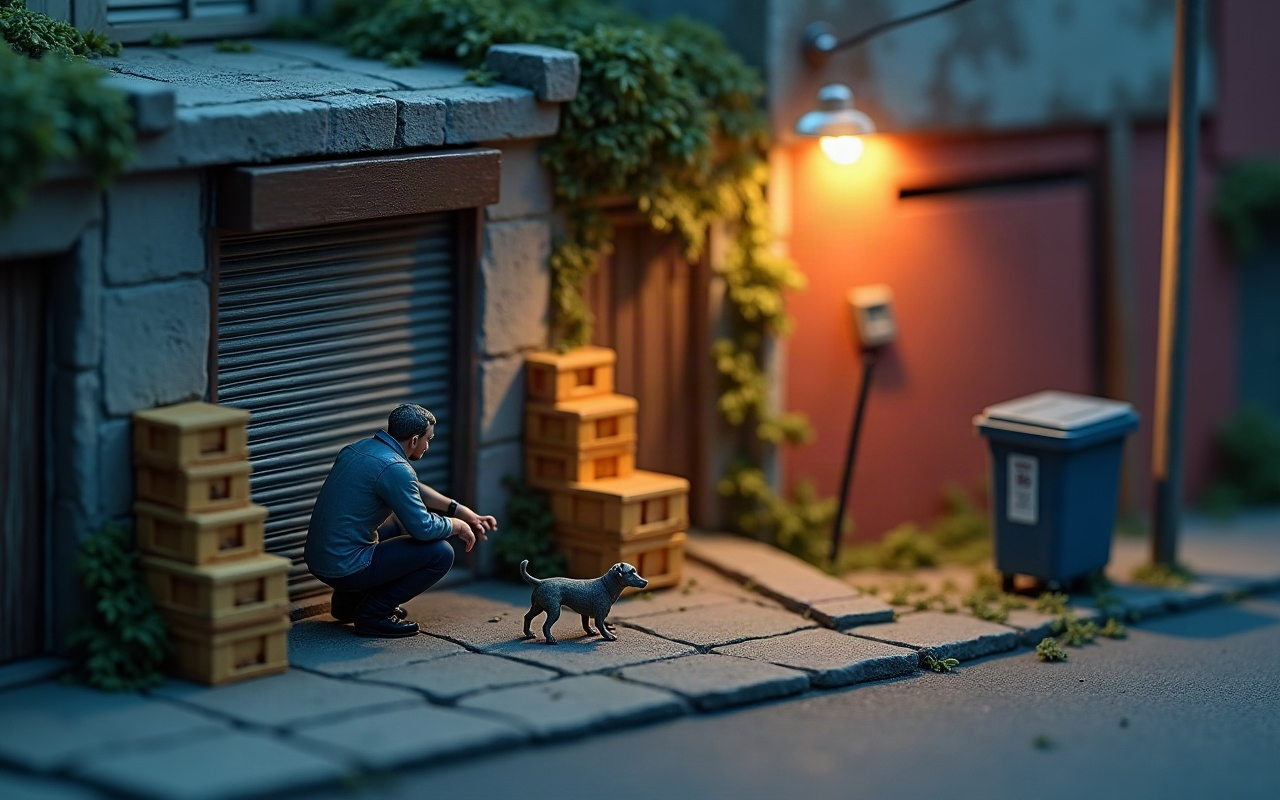 Maquete de um beco atrás de um estabelecimento comercial ao entardecer, com um homem adulto agachado perto de caixas empilhadas junto a uma porta de metal fechada, observando a poucos passos de distância um cachorro cauteloso que ainda não se aproximou dele