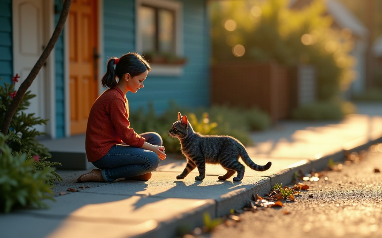 Mulher adulta ajoelhada na calçada, em frente a uma casa azul no fim da tarde, estende as mãos para um gato rajado cinza que se aproxima dela