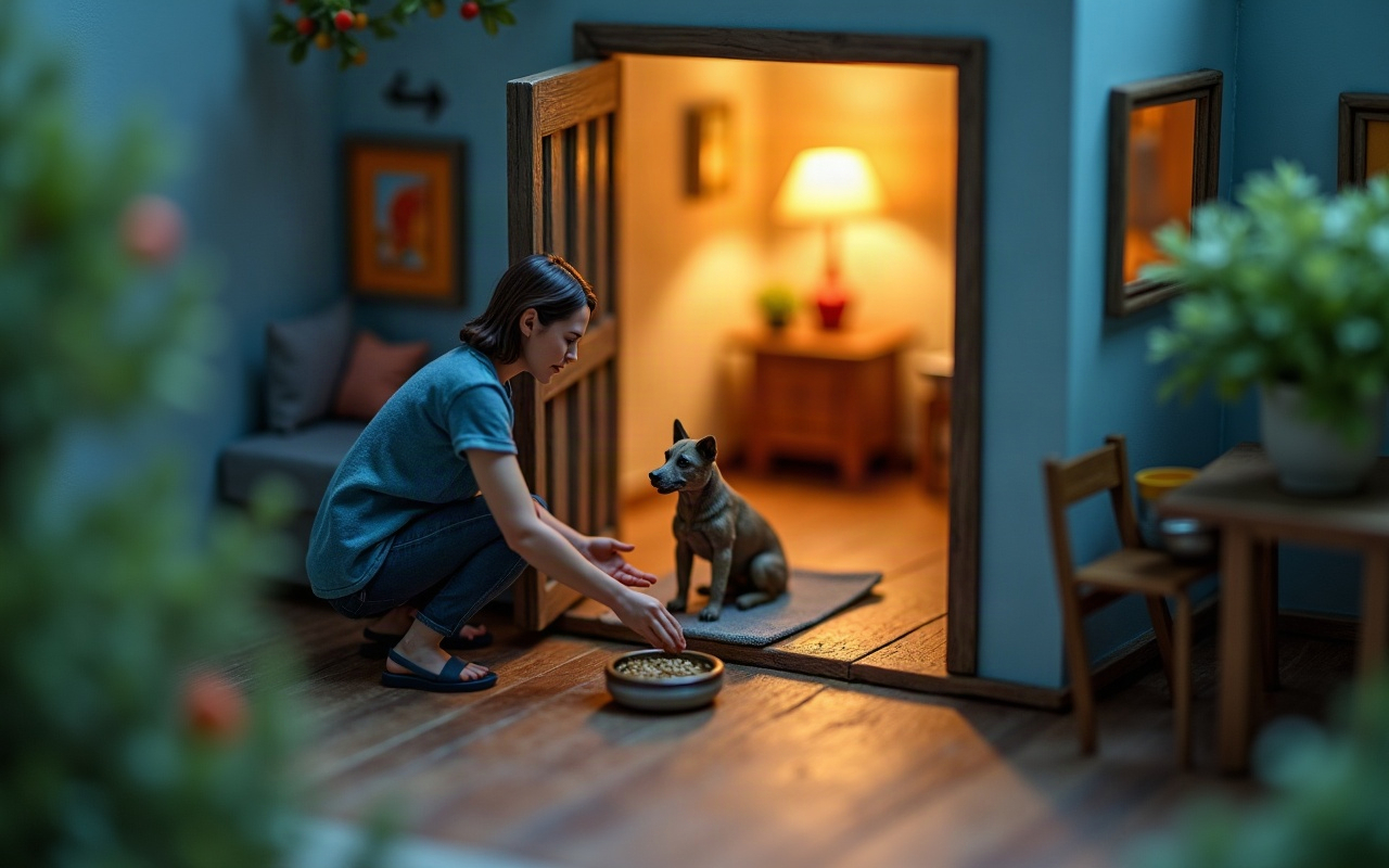 Maquete de uma casa vista do alto ao entardecer, com uma mulher adulta agachada na soleira de uma porta aberta estendendo uma tigela de comida para um cachorro recolhido da rua, sentado sozinho sobre um tapete num cômodo separado e iluminado ao fundo