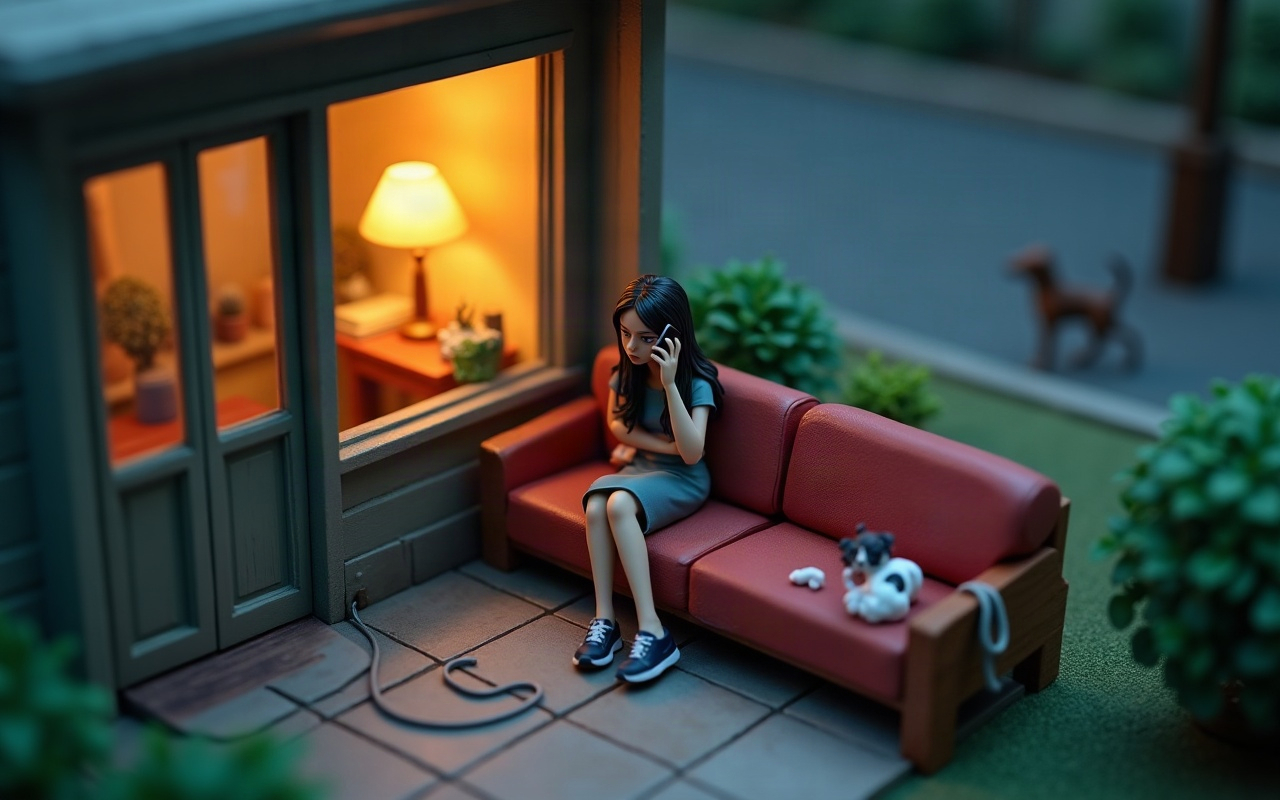 Diorama isométrico de terraço doméstico ao entardecer com mulher adulta de cabelos escuros sentada no sofá ao telefone com expressão de desconfiança, e um cachorro pequeno visível na calçada escura do lado de fora pela porta de vidro