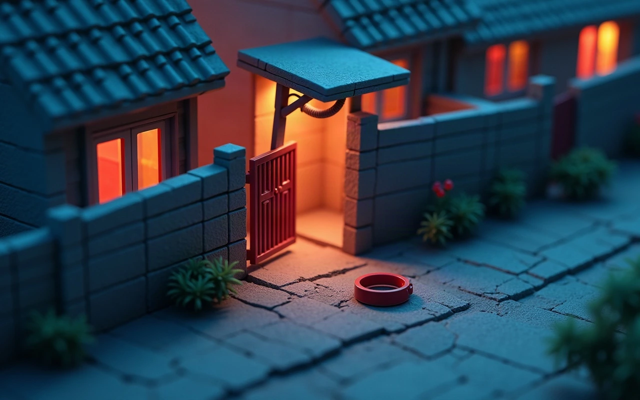 Ilustração isométrica de um portão vermelho deixado aberto numa rua residencial à noite, com a entrada iluminada por dentro e uma coleira vermelha vazia caída na calçada em frente
