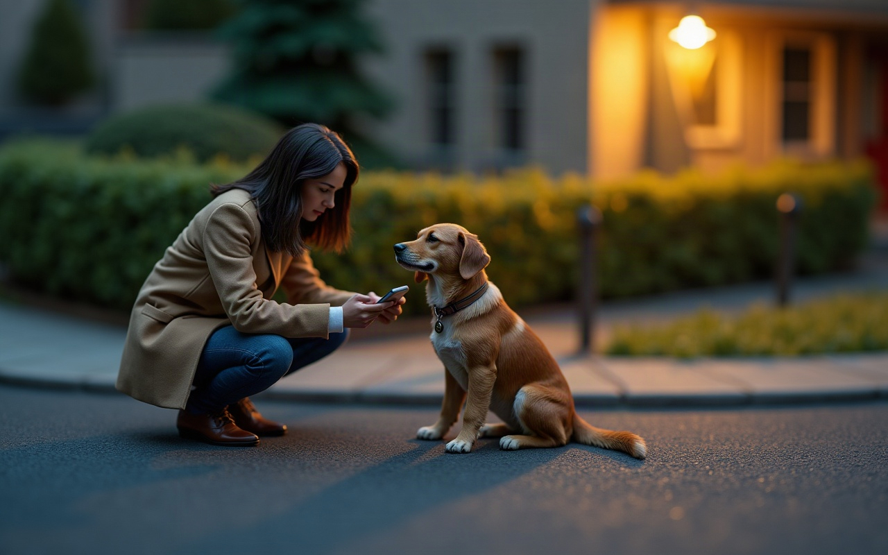 Cena de maquete de uma rua residencial ao anoitecer, com uma mulher adulta de casaco bege agachada diante de um cachorro sentado no asfalto, segurando o celular perto da medalhinha redonda presa na coleira do animal