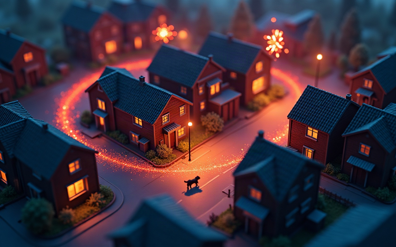 Ilustração isométrica de um bairro residencial à noite visto de cima, com fogos de artifício estourando no céu, um cachorro correndo sozinho pela rua e um grande círculo de luz alaranjada desenhado sobre as ruas em volta dele, deixando as casas de dentro do cerco iluminadas e as de fora na penumbra azulada