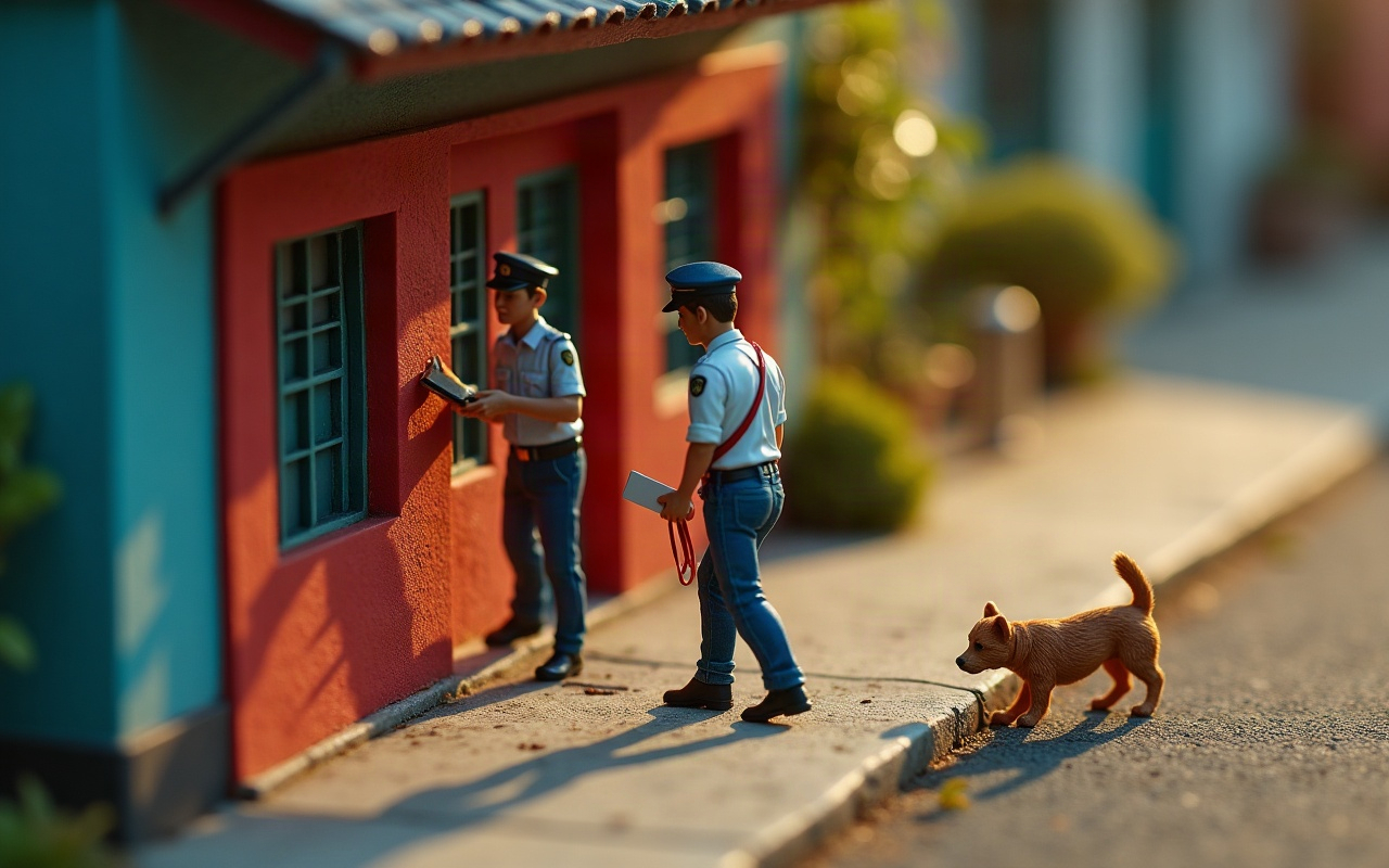 Dois homens de uniforme e quepe na calçada em frente a uma casa vermelha, um deles com um papel e uma guia vermelha vazia na mão, enquanto um cachorro caramelo passa pela rua logo atrás sem ser notado