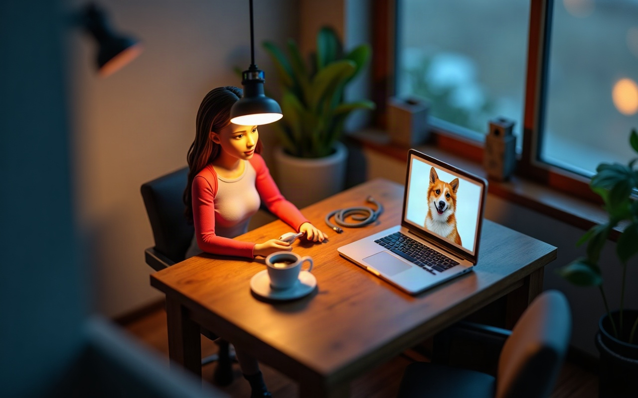 Maquete de uma mesa de casa à noite, com uma mulher adulta sentada segurando o celular na mão enquanto olha para o notebook aberto à sua frente, cuja tela mostra a foto de um cachorro, com a guia do animal enrolada sobre a mesa ao lado de uma xícara de café